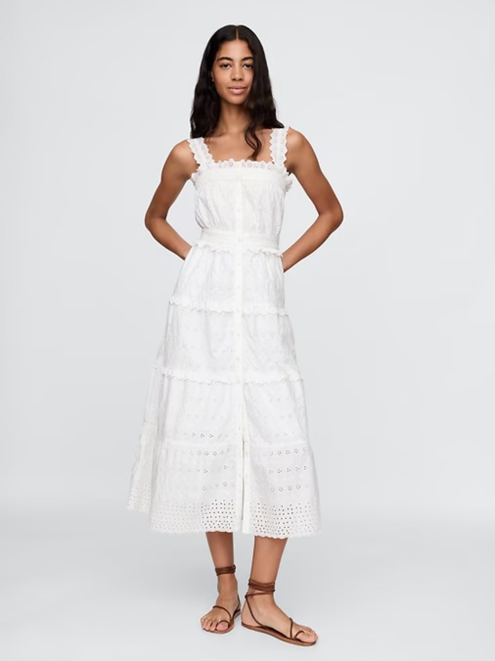 GAP x DÔEN White Eyelet Tiered Midi Dress with Scalloped Straps